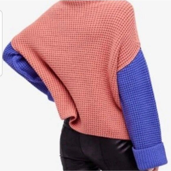 Free People Park City Colorblock Chunky Waffle Knit Oversized Sweater Size XS - Picture 2 of 9